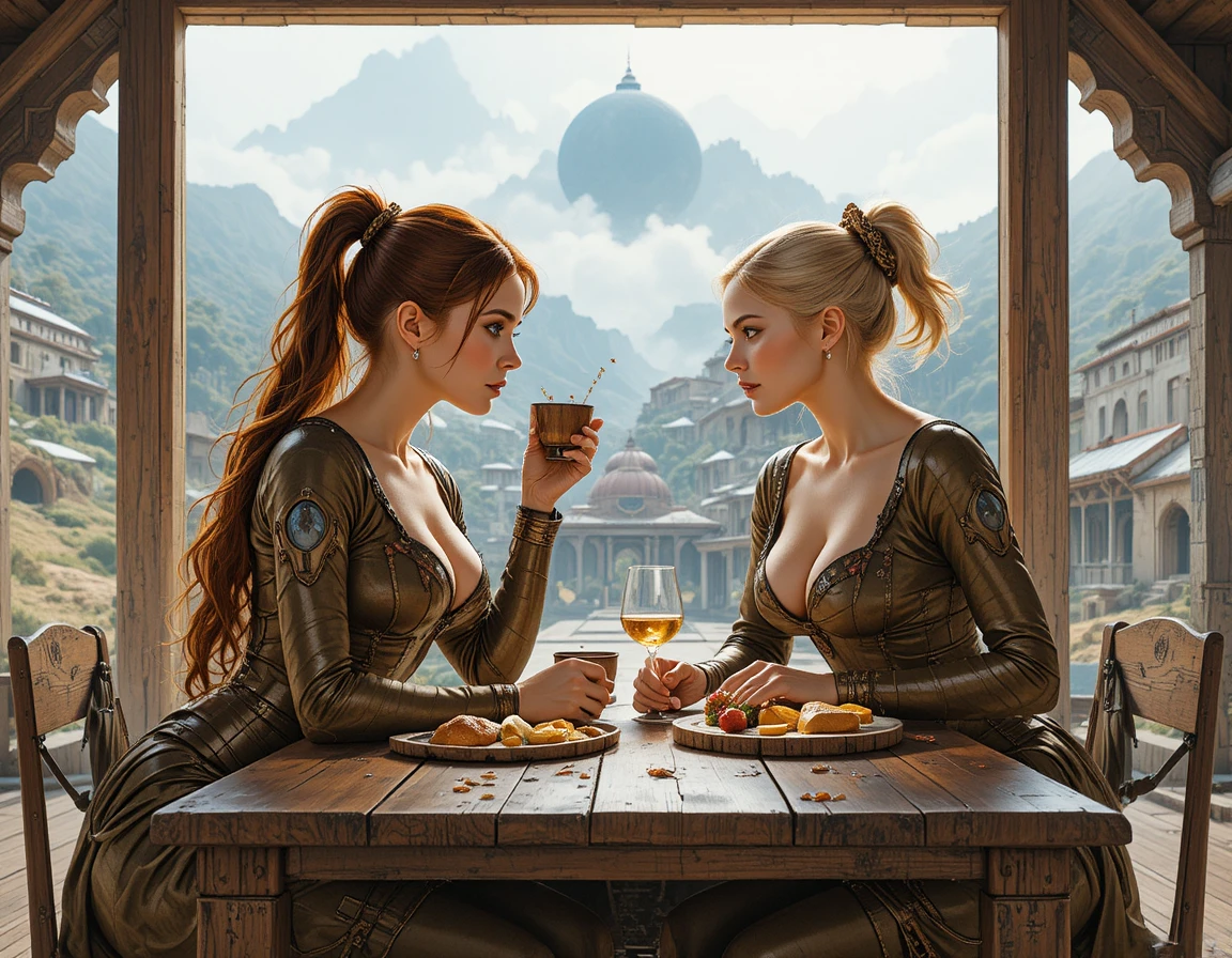 Duas mulheres compartilhando uma refeição rústica medieval à mesa