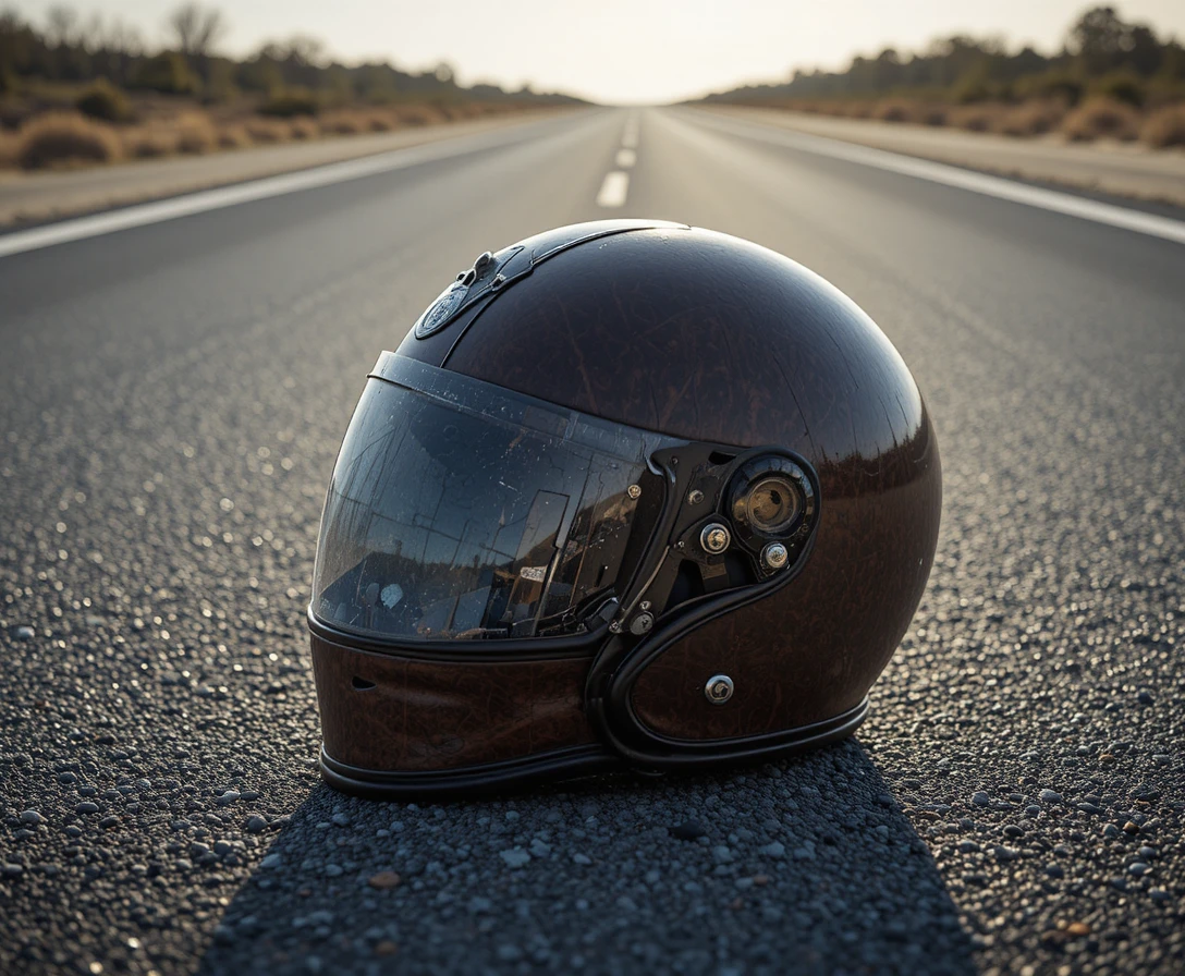 Casque de moto rétro marron sur l’asphalte d’une autoroute déserte