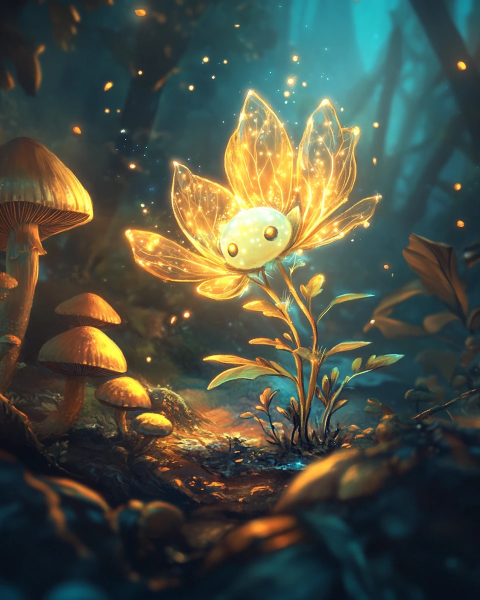 Folletto luminoso della foresta che fluttua tra i funghi di notte