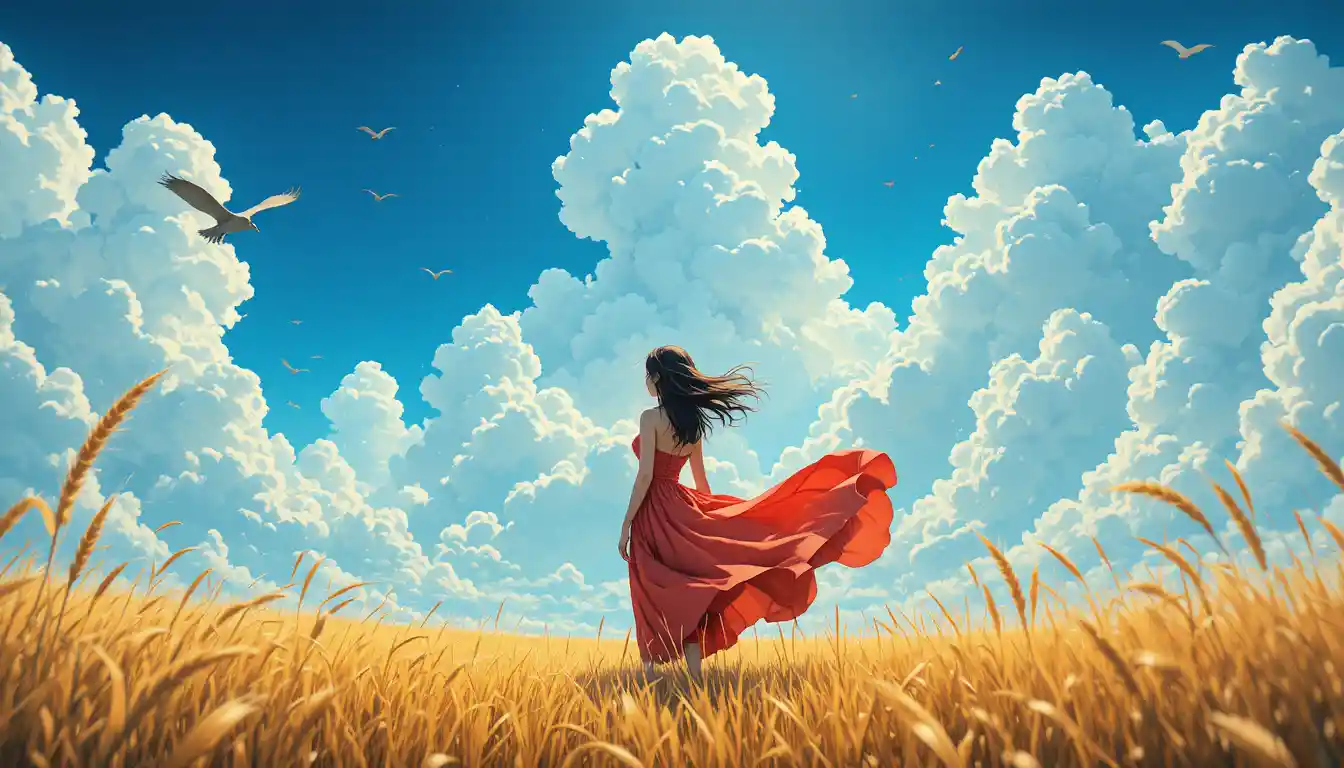 Anime girl in red dress in a golden wheat field