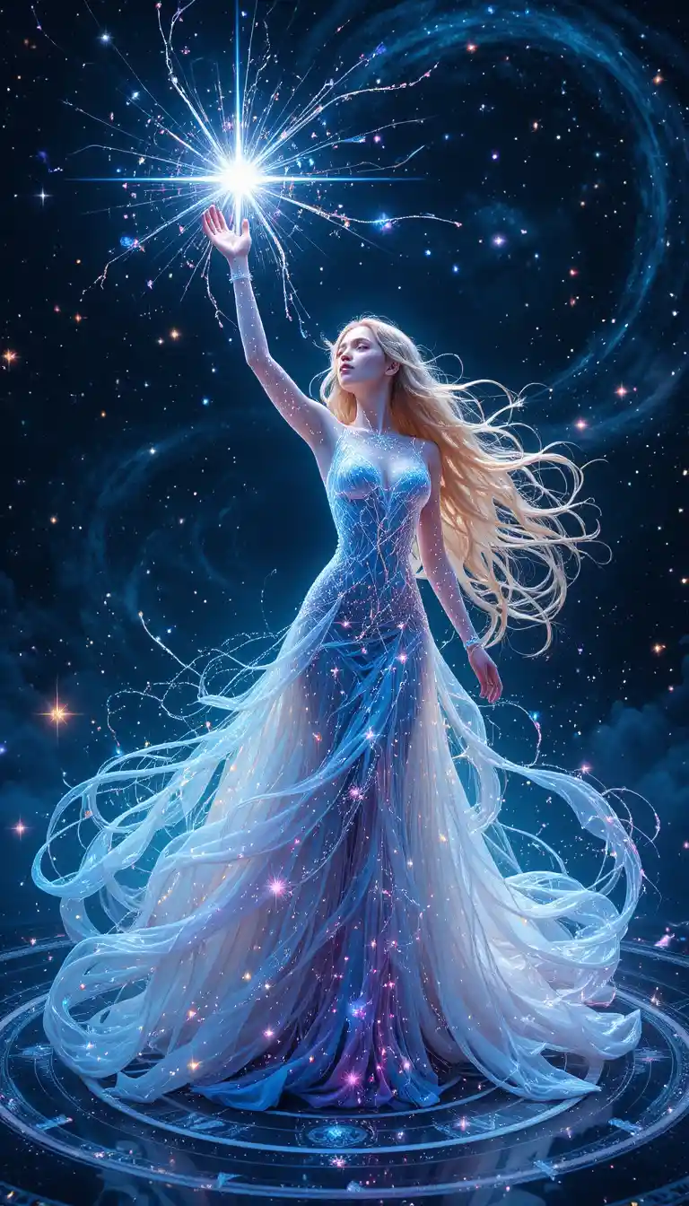 Ethereal stardust woman reaching toward a shining cosmic star