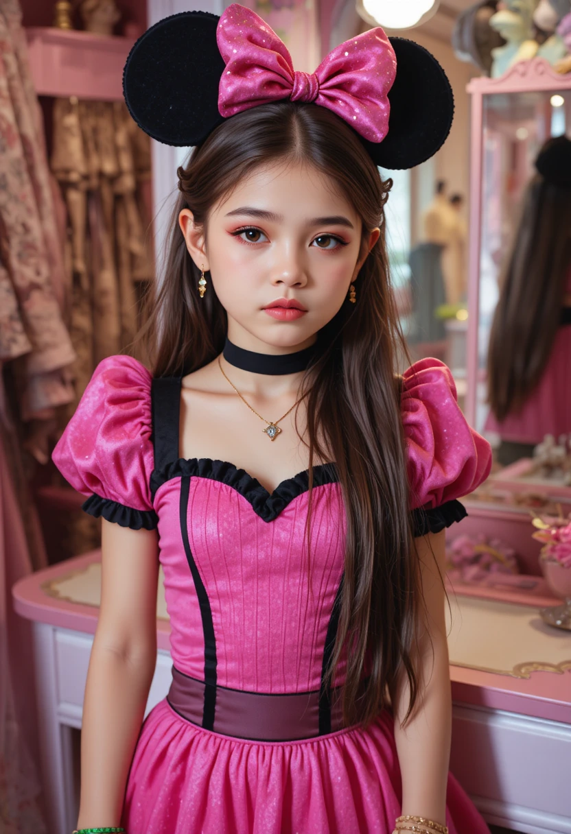 Ängstlicher Tween-Junge als Minnie Maus in einer Boutique