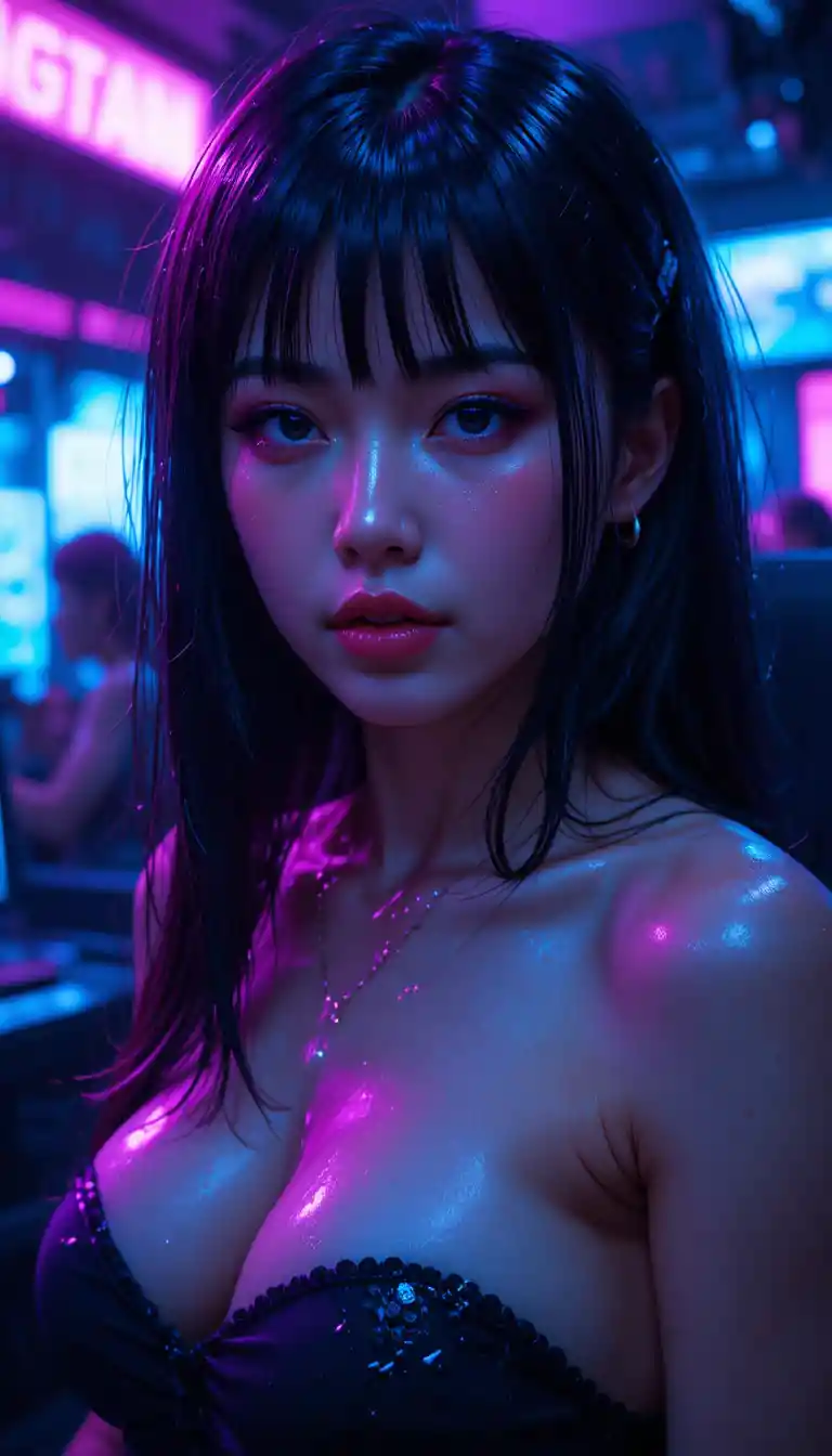 Sweaty esports woman under neon purple and blue lights