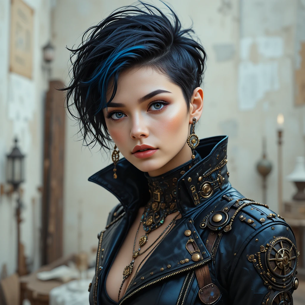 Ragazza dagli occhi azzurri dallo stile ribelle in giacca di pelle steampunk