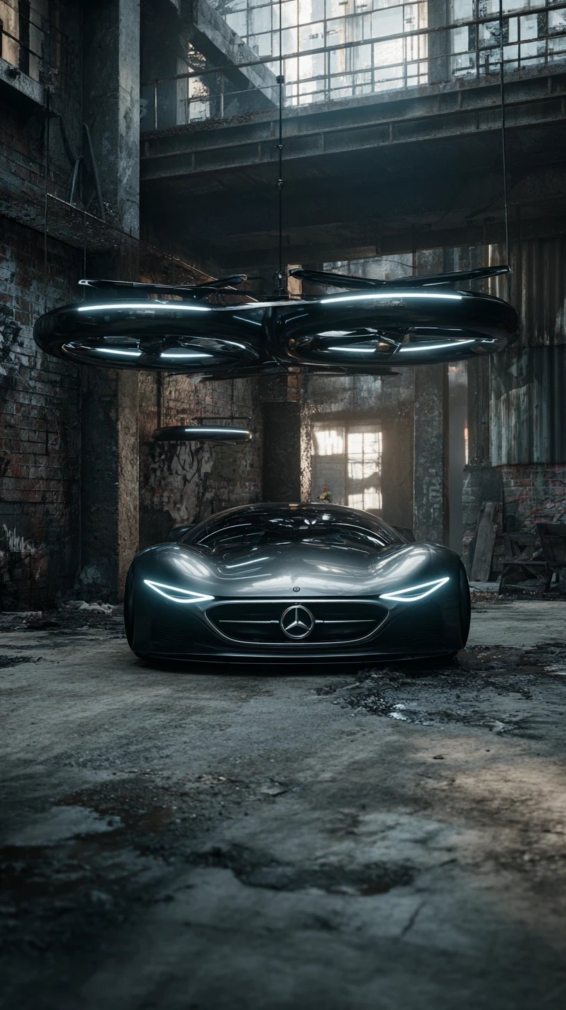 Carro Conceito Futurista Preto Flutuando Acima do Solo