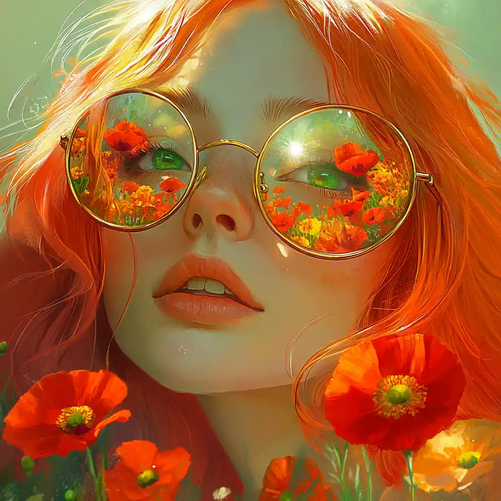 Anime girl with floral reflections in golden glasses