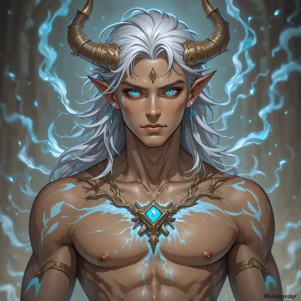 Pale fantasy god with iridescent blue eyes and dark silver hair