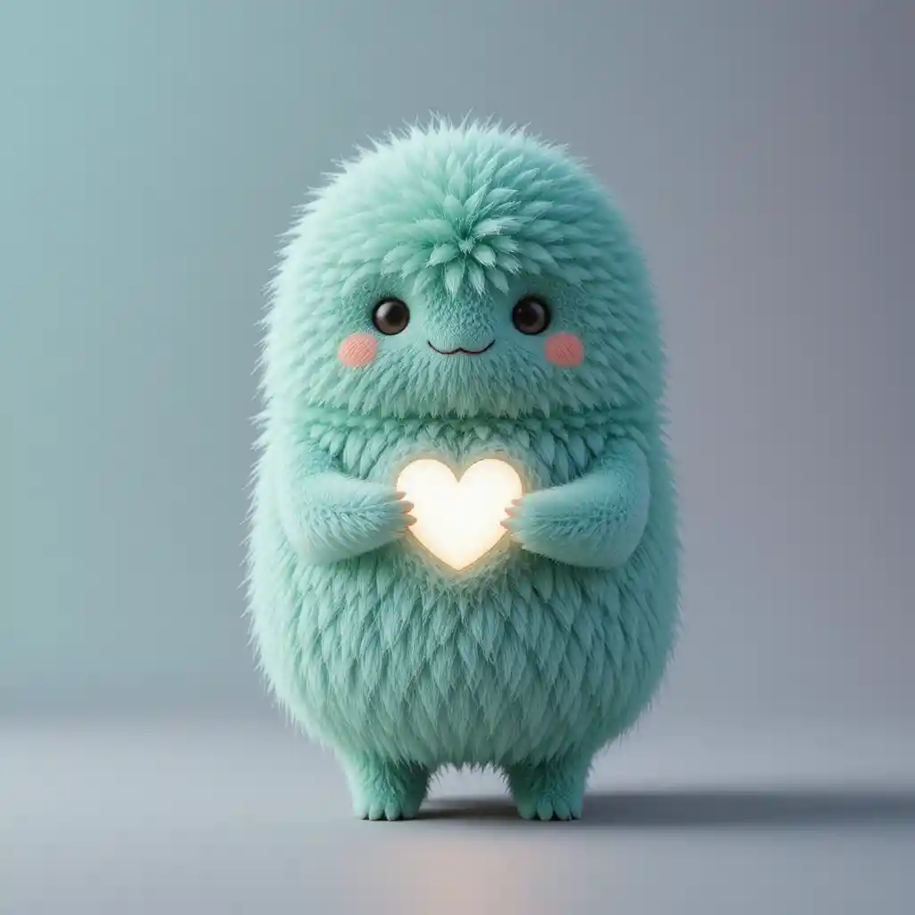 光る白いハートを抱えたミントカラーのふわふわキャラクター