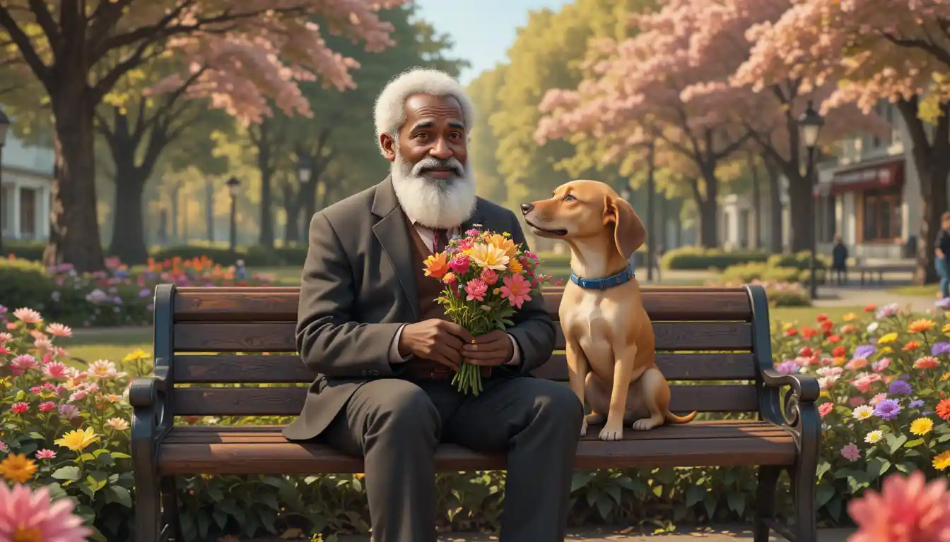 Avô africano com flores e cachorro em um banco de parque