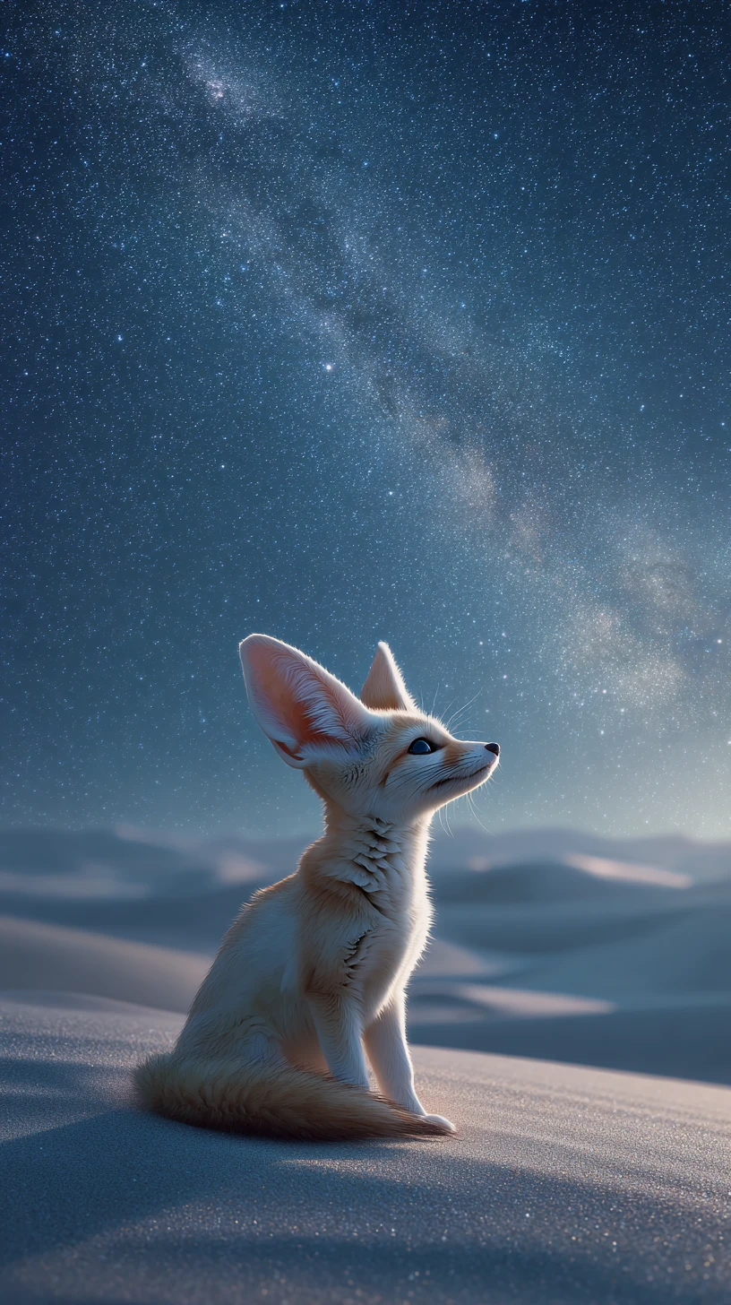 Volpe fennec su una duna sahariana al chiaro di luna sotto un cielo stellato