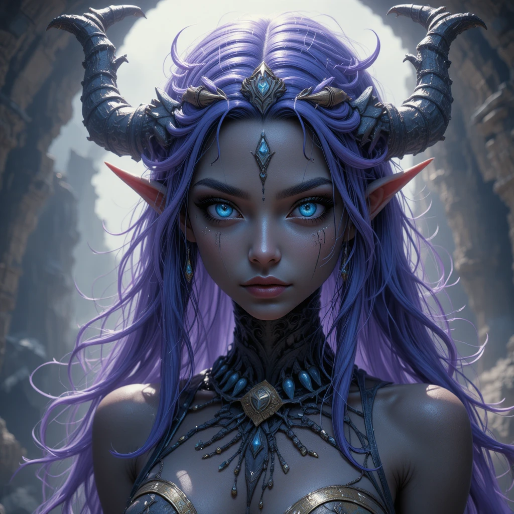 Diosa anciana de la sombra y la muerte con piel pálida y cabello violeta