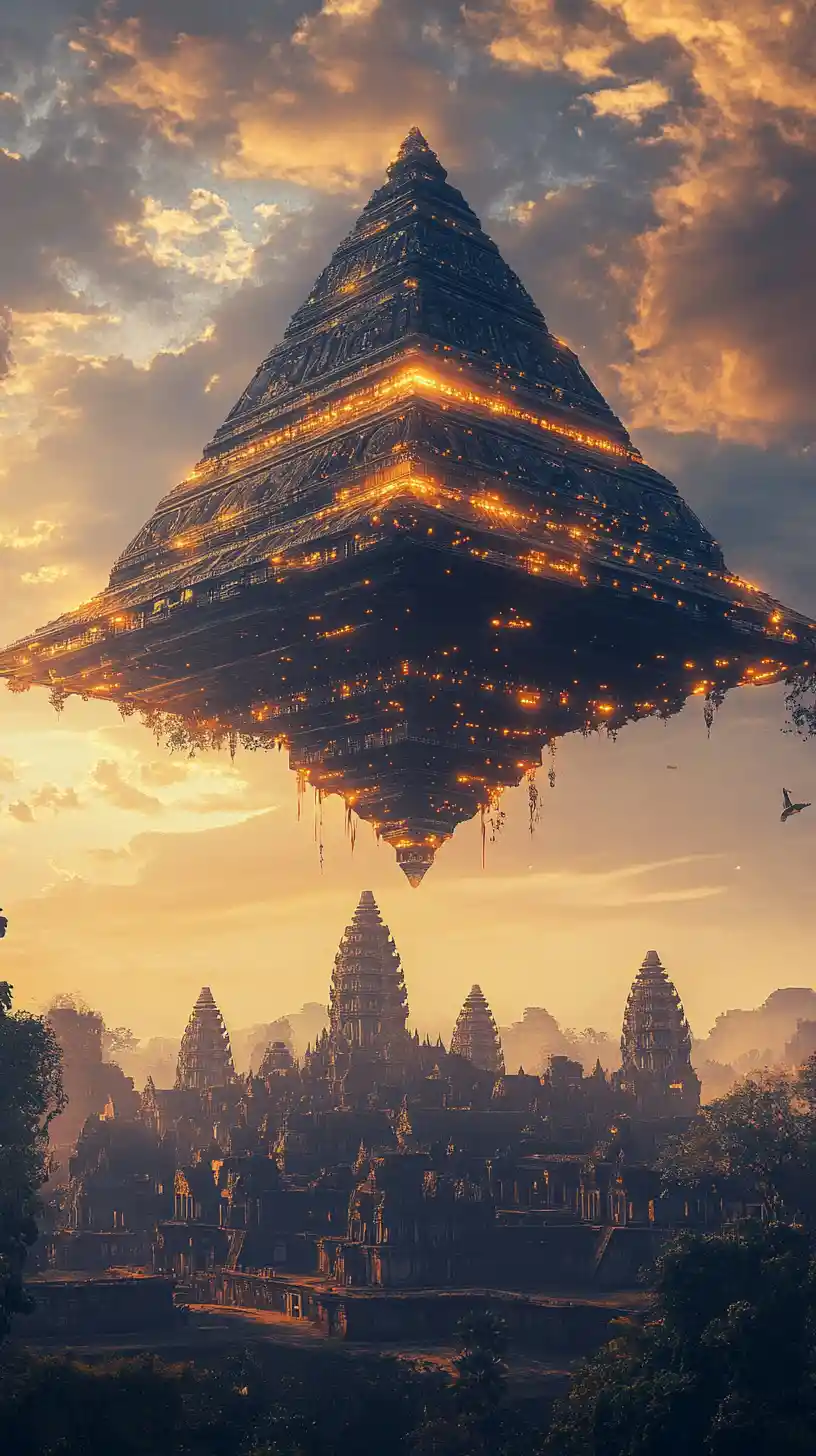 Vimana futuristica che fluttua sopra Angkor Wat al tramonto