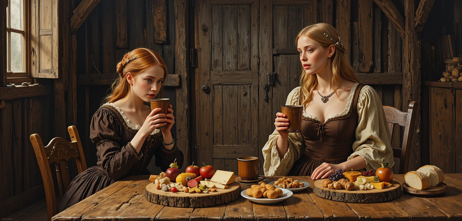 Duas mulheres compartilhando bebidas em uma mesa rústica de madeira