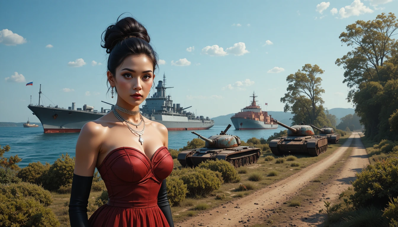 Mulher elegante de vestido vermelho em interior clássico