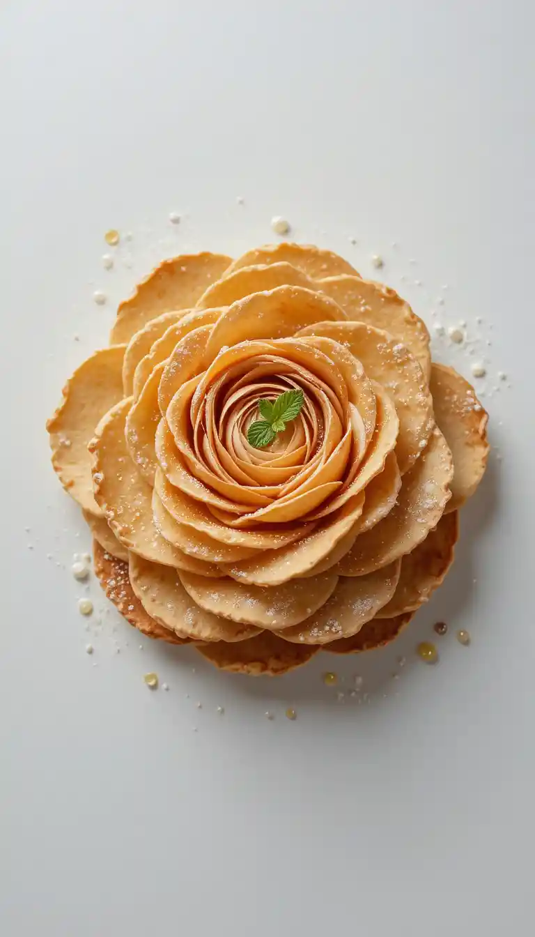 Delicado postre de panqueque rosa frito con miel y menta