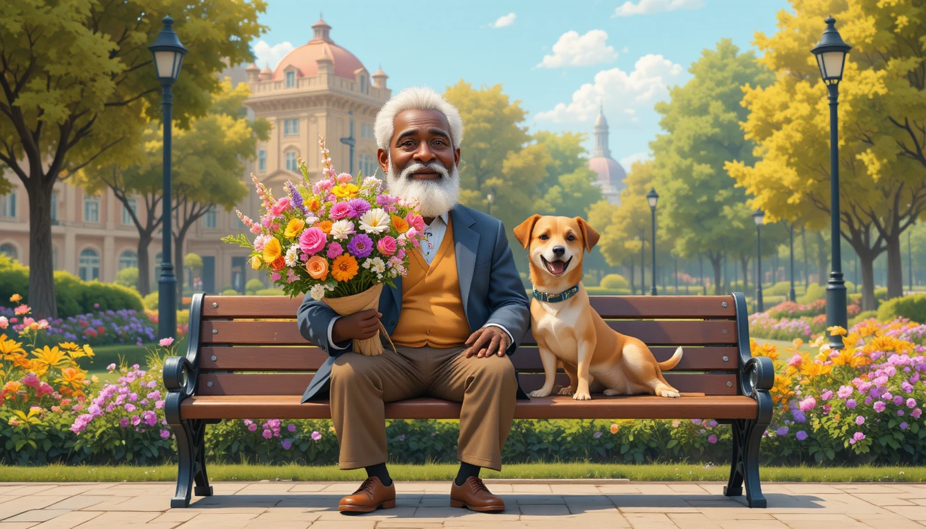 Avô africano com flores e cachorro em banco de parque