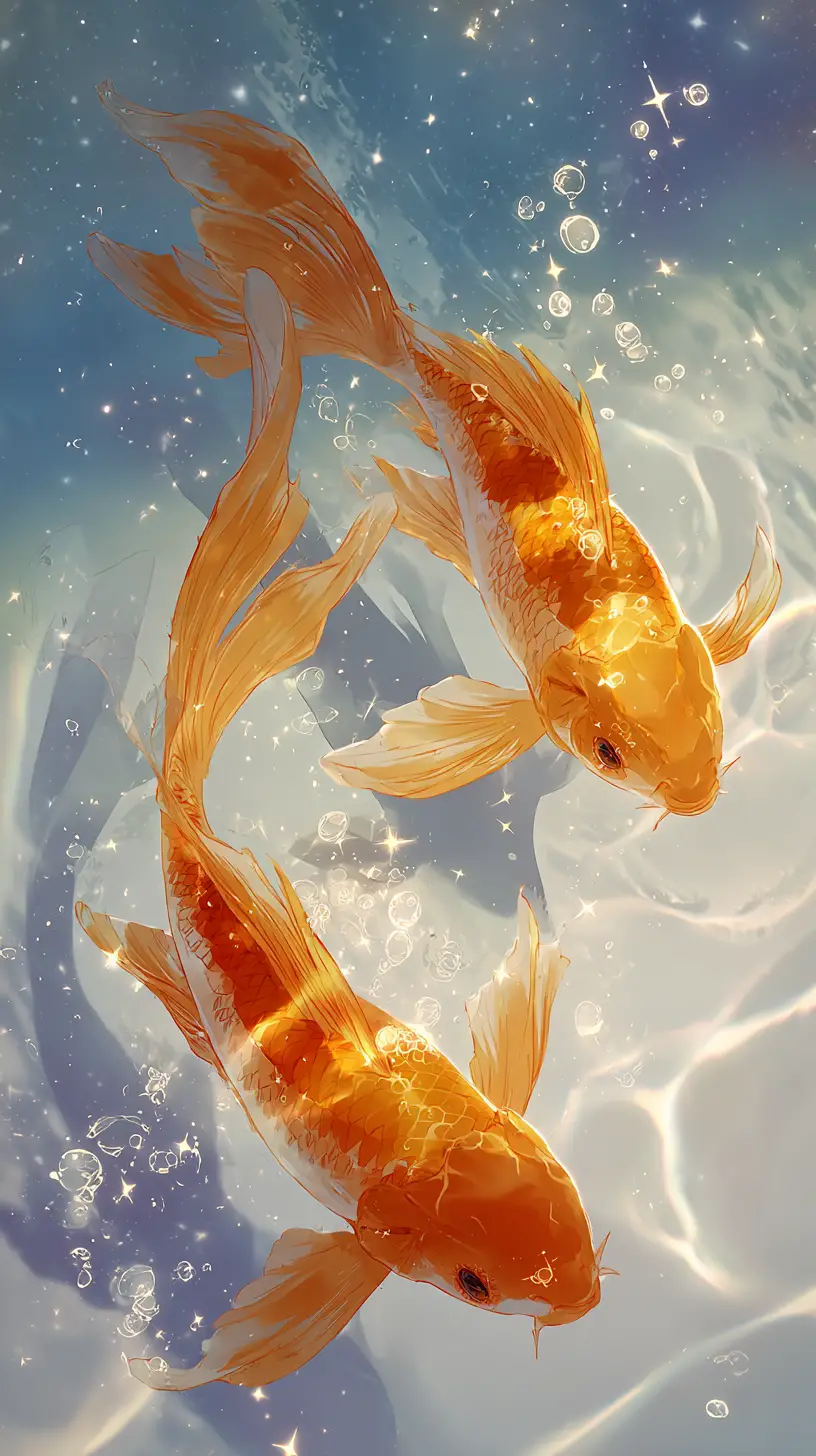 Goldene Koi-Fische im leuchtenden Anime-Wasser