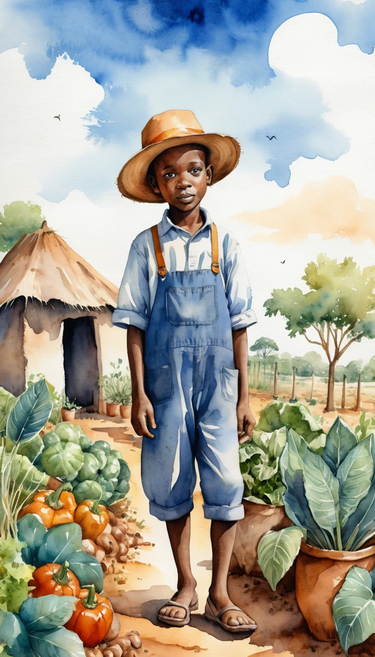 Jardineiro africano idoso cuidando de legumes em aquarela quente