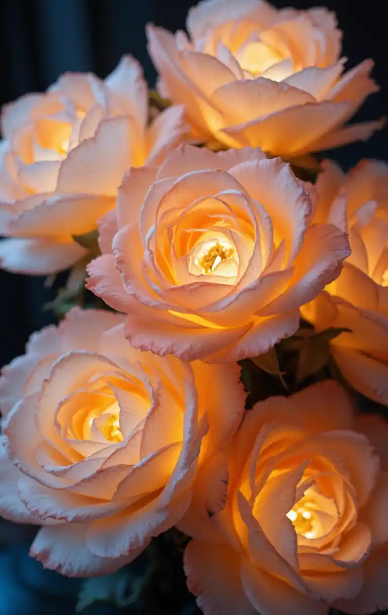 Glowing pastel roses with translucent petals on dark background