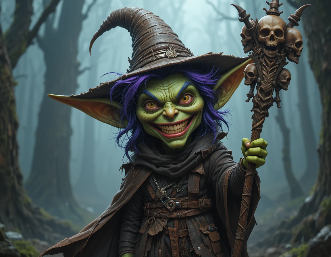 Duende sorridente com cajado em floresta fantástica enevoada