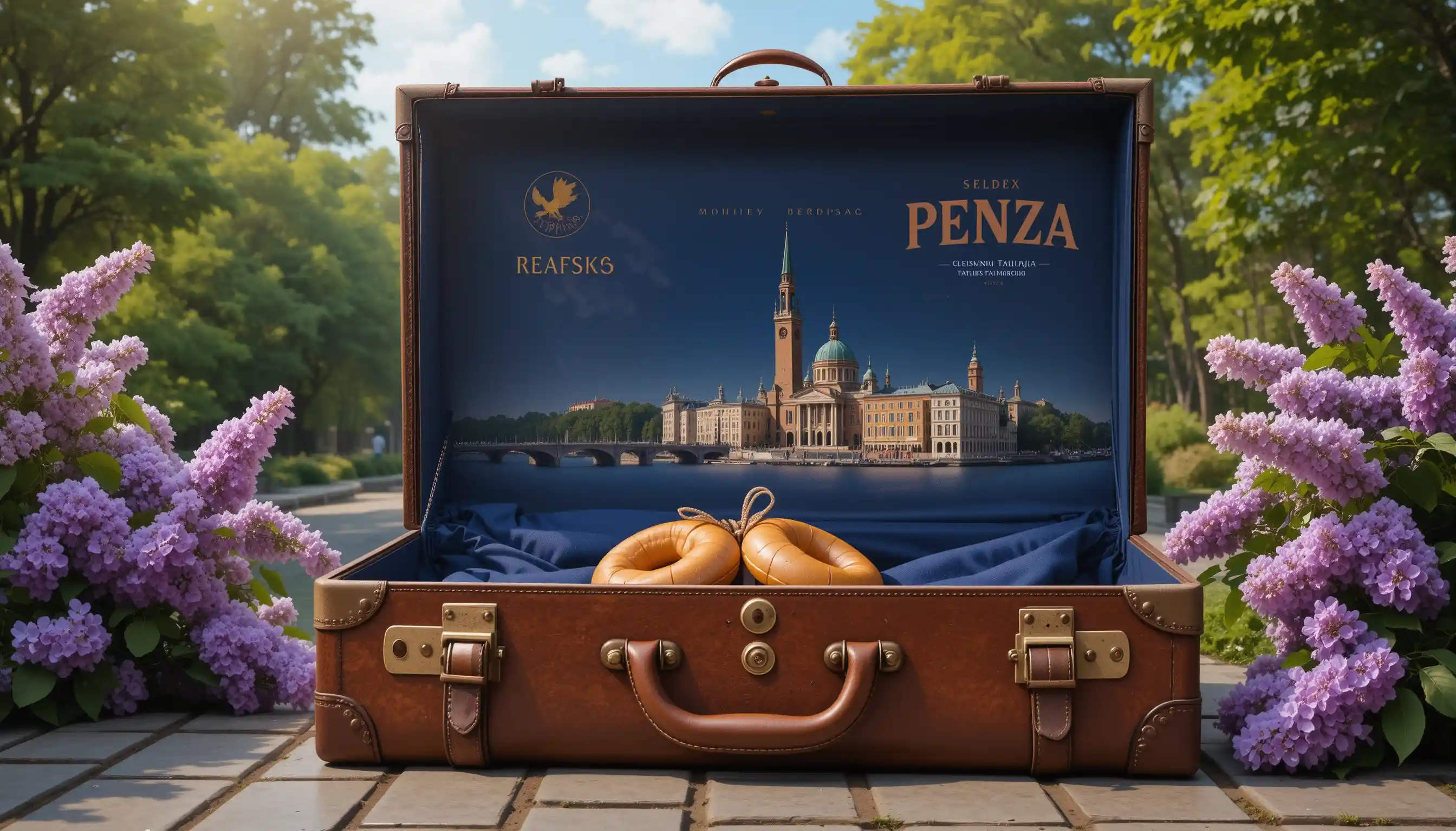 Valise vintage avec paysage urbain de Penza et autocollants de voyage