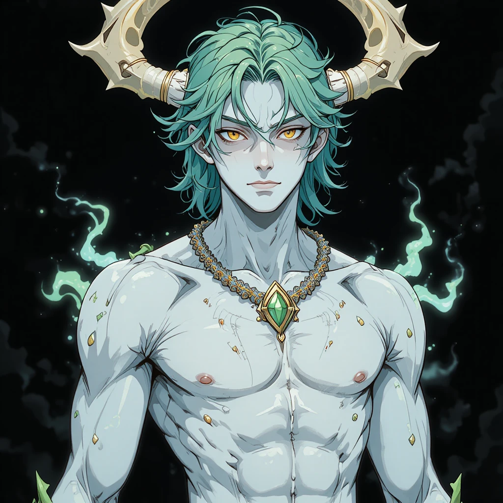 Pale fantasy man with yellow eyes and green hair