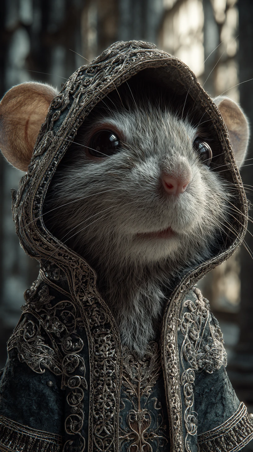 Portrait cinématographique d’un rat duveteux en hoodie orné