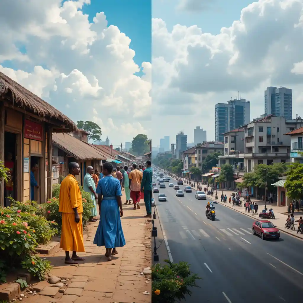 Cena dividida entre cultura tradicional nigeriana e horizonte moderno da cidade