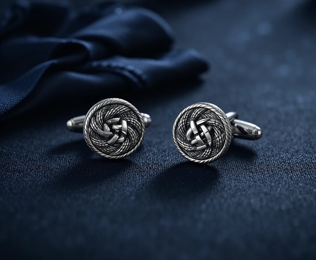 Silver sailing knot cufflinks on dark navy backdrop