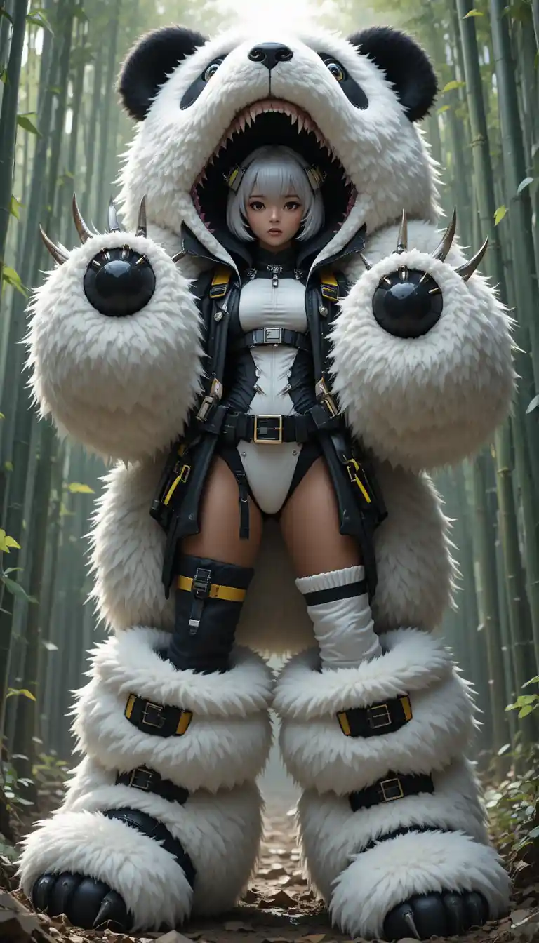 Close up of anime girl in panda fur outfit in bamboo