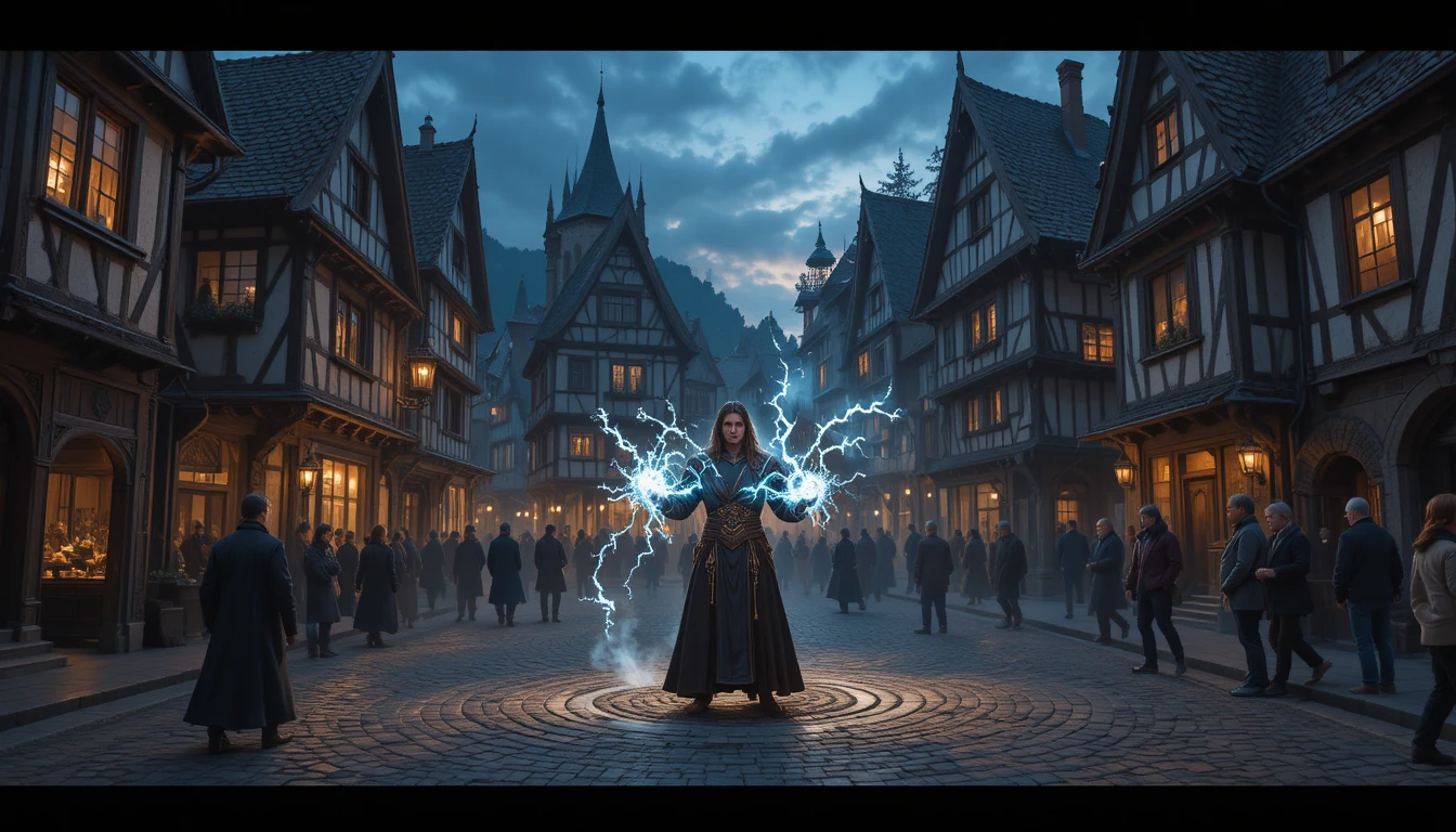 Magier wirkt einen Zauber auf einem Fantasy-Marktplatz in der Dämmerung