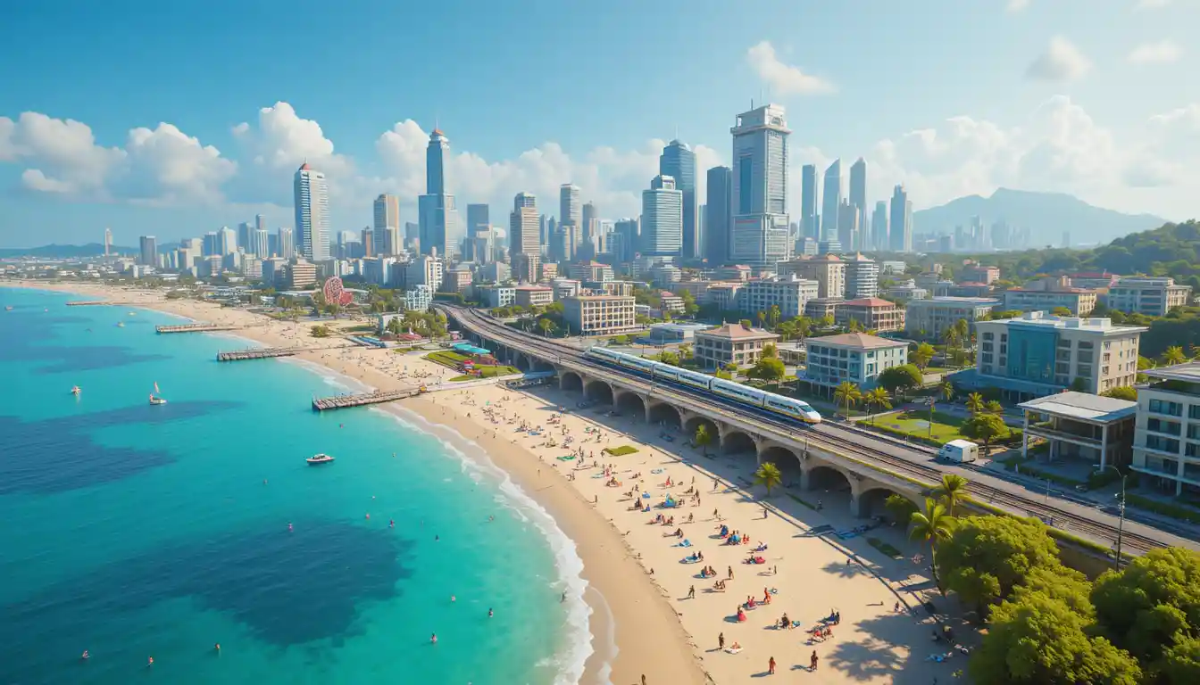 Vivace skyline di città costiera con spiaggia e treni moderni