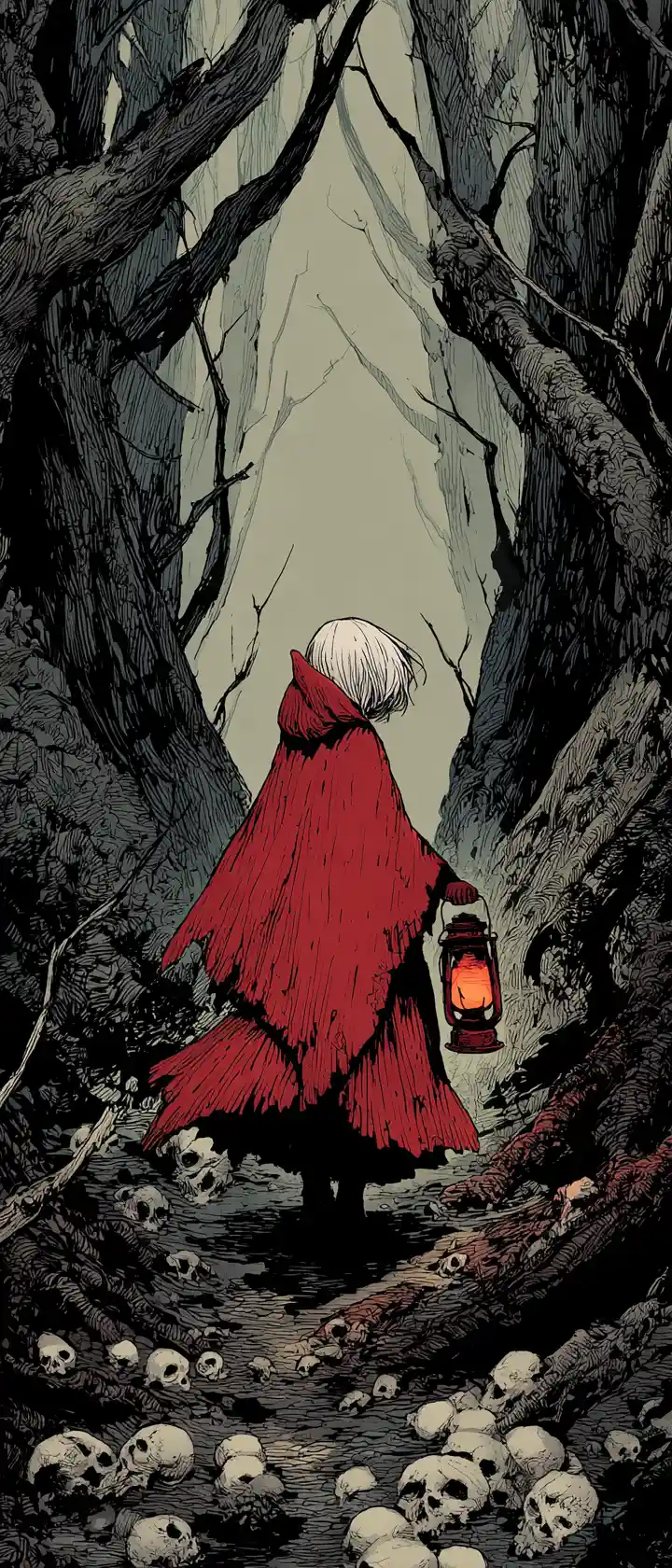 Anime girl in tattered red cloak walking through dark forest