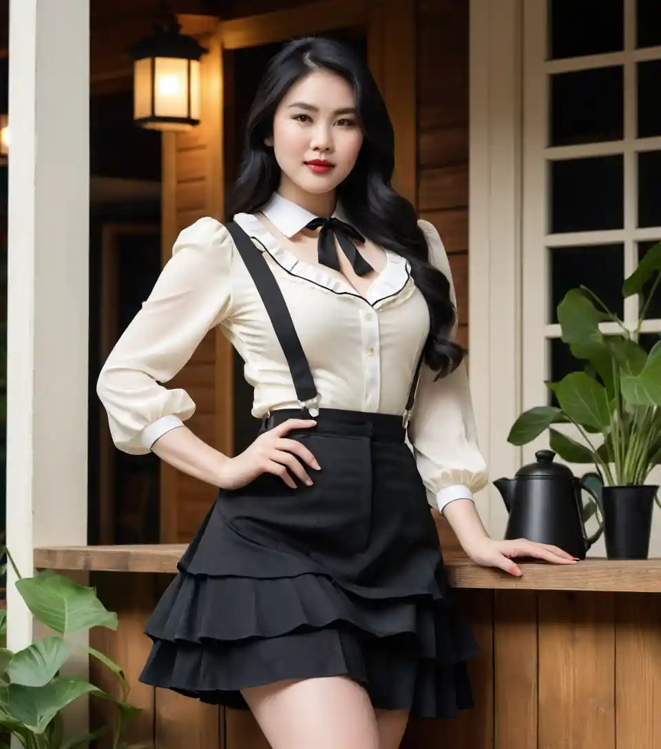 Vietnamese woman in vintage outfit at neon coffee bar