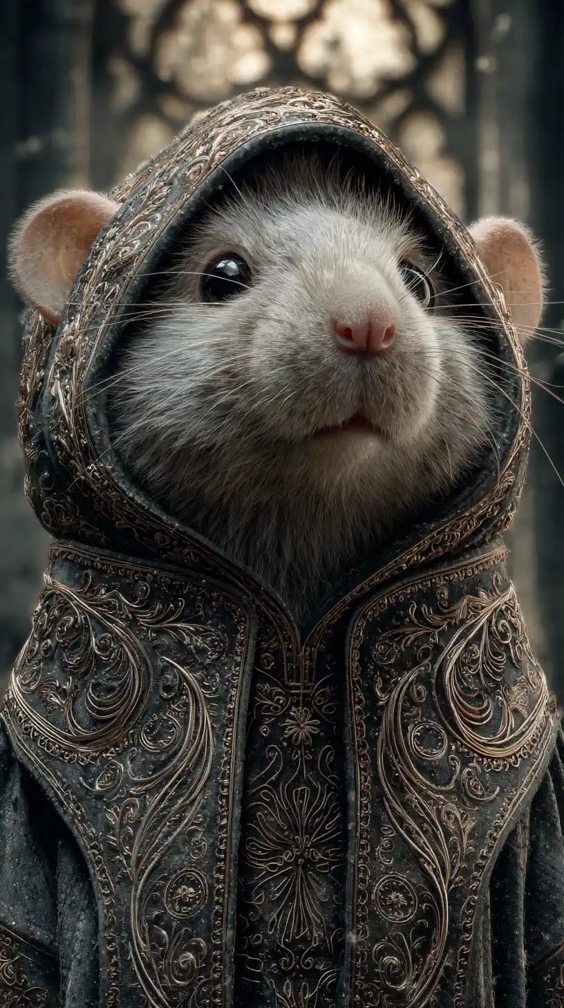 Adorable rat tout doux en hoodie orné dans une ville gothique