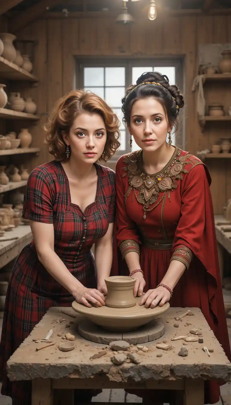 Two women shaping clay together in a rustic pottery workshop