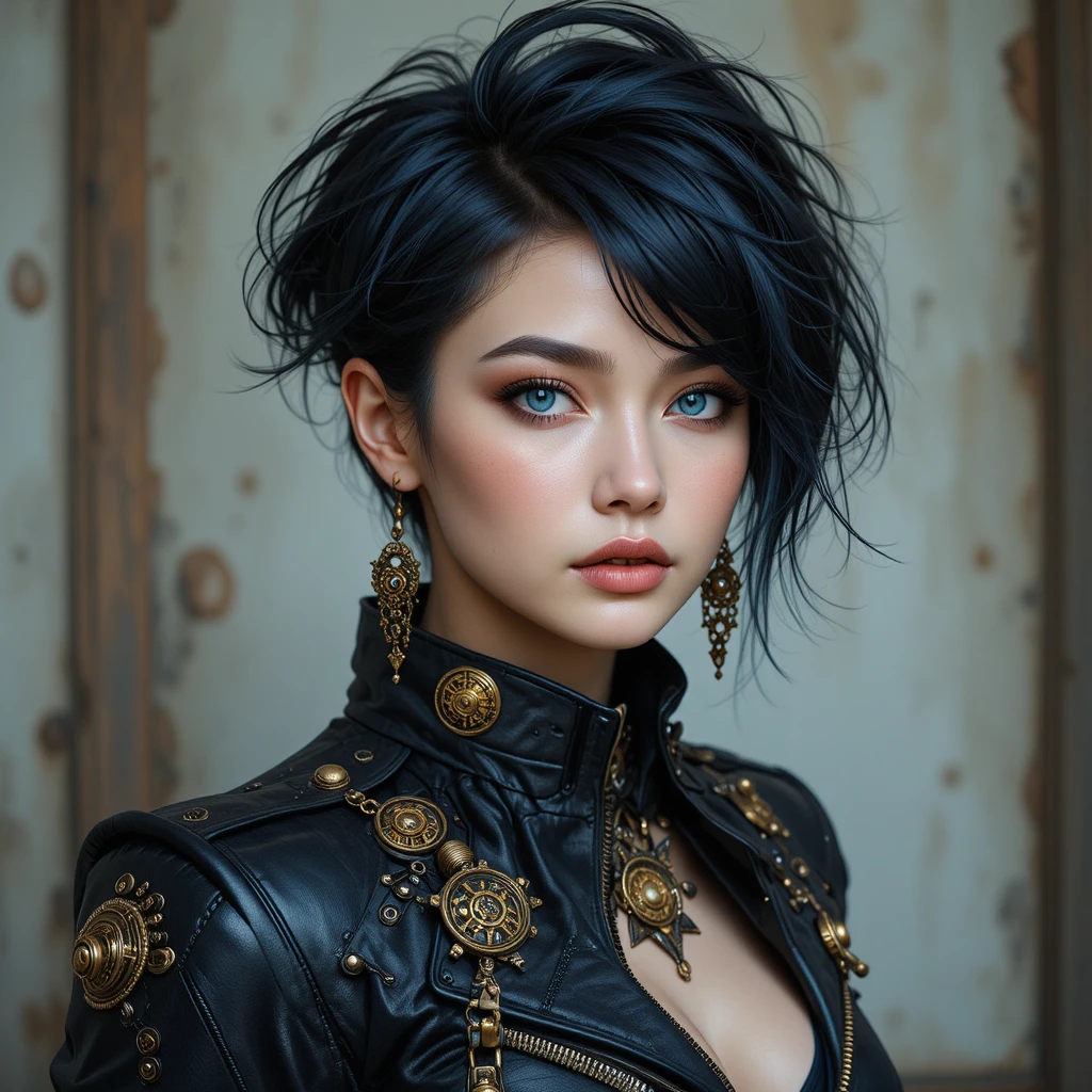 Edgy blue eyed woman in steampunk leather jacket portrait