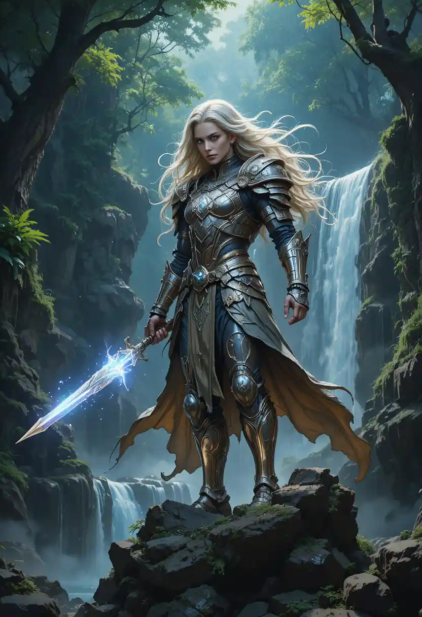 Elven warrior above waterfall with glowing rune magic