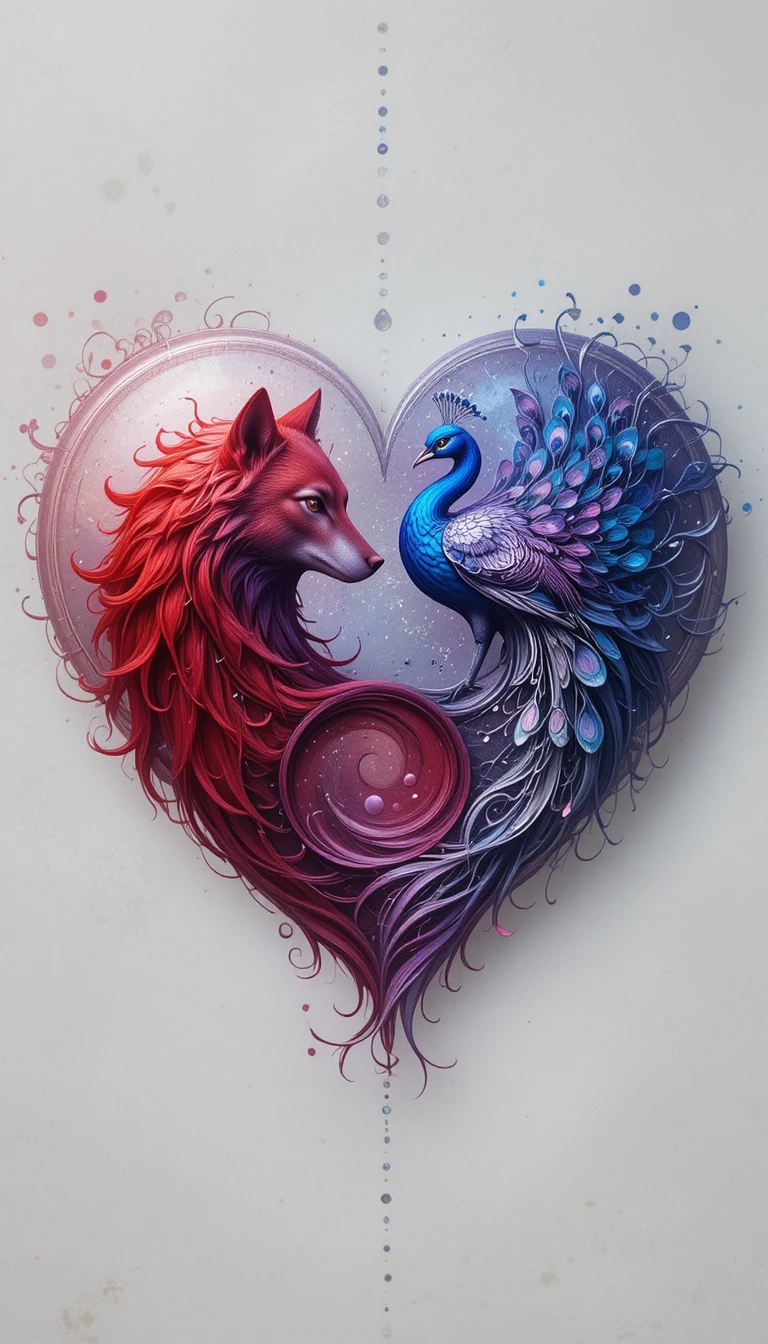 Design em formato de coração com lobo vermelho e ondas musicais