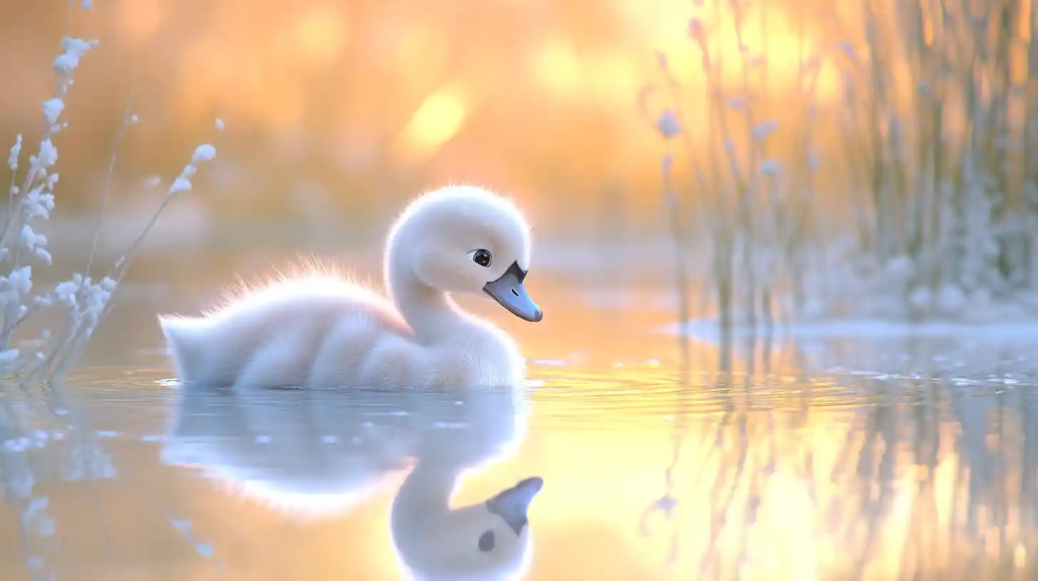 Bébé cygne glissant sur un étang calme de zone humide à l’aube