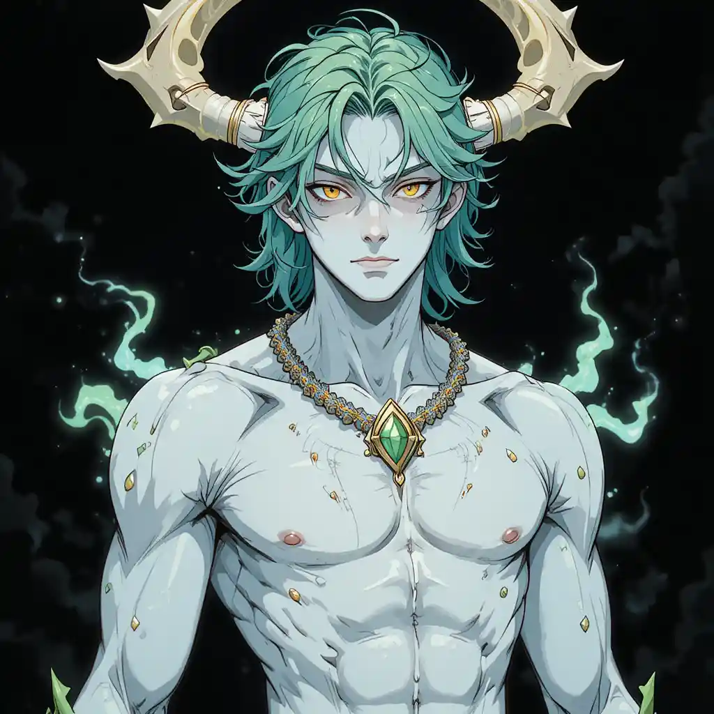 Pale fantasy man with yellow eyes and green hair