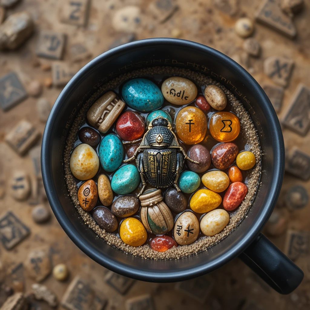 Tasse de café noire avec pierres colorées et symboles égyptiens