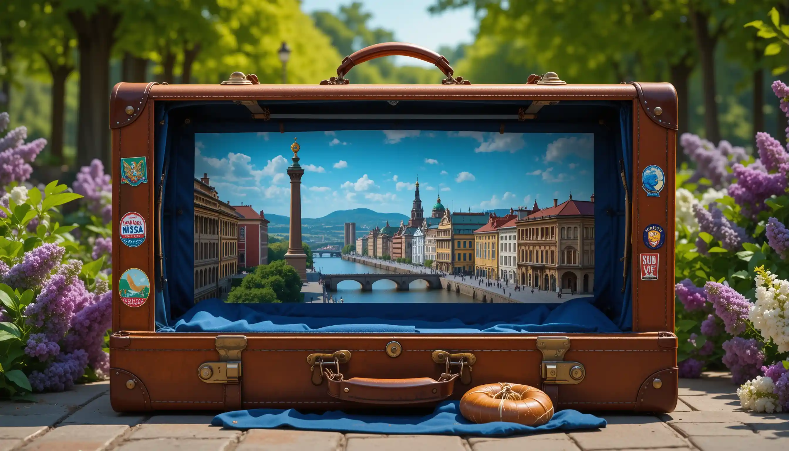 Valise vintage en cuir avec paysage urbain de Penza à l'intérieur