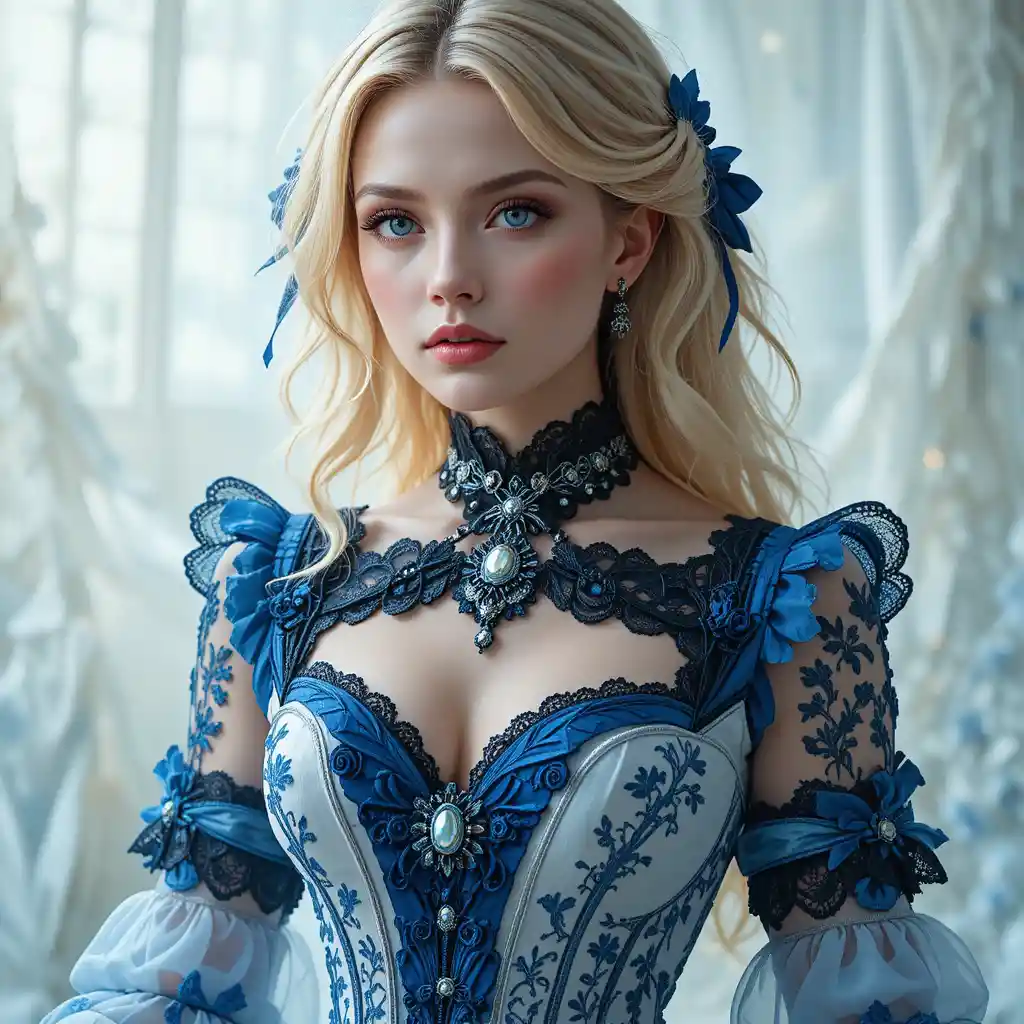 Elegant fantasy woman in blue gothic lolita gown