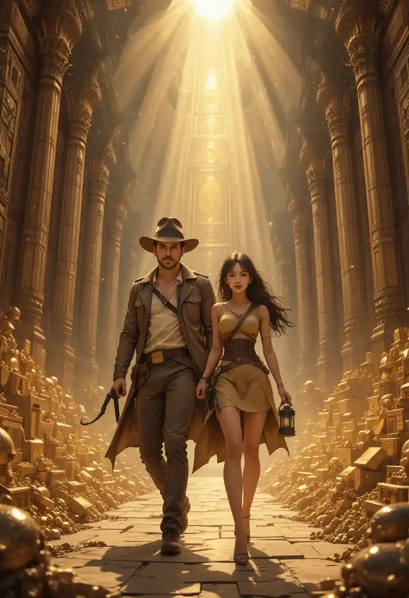 Aventureros de anime en la cámara del tesoro de un templo dorado