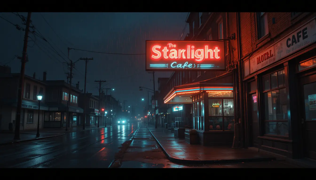 霓虹餐館招牌映照在雨夜空無一人的城市街道上