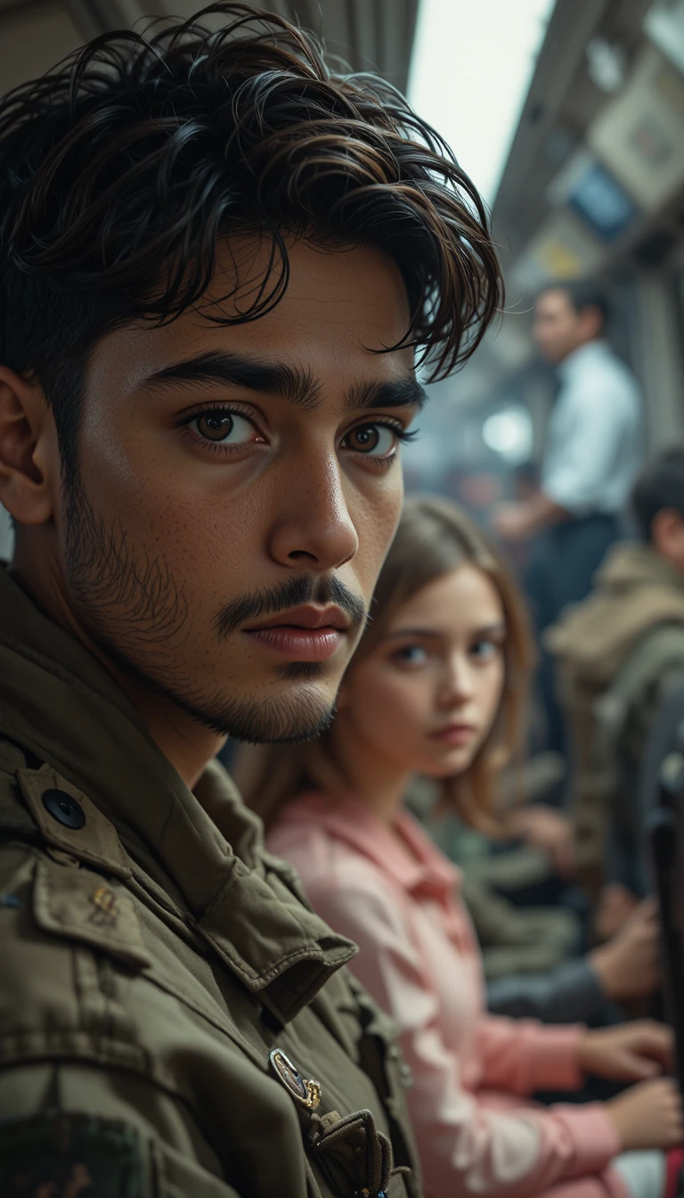 Close up portrait of a focused man on a train