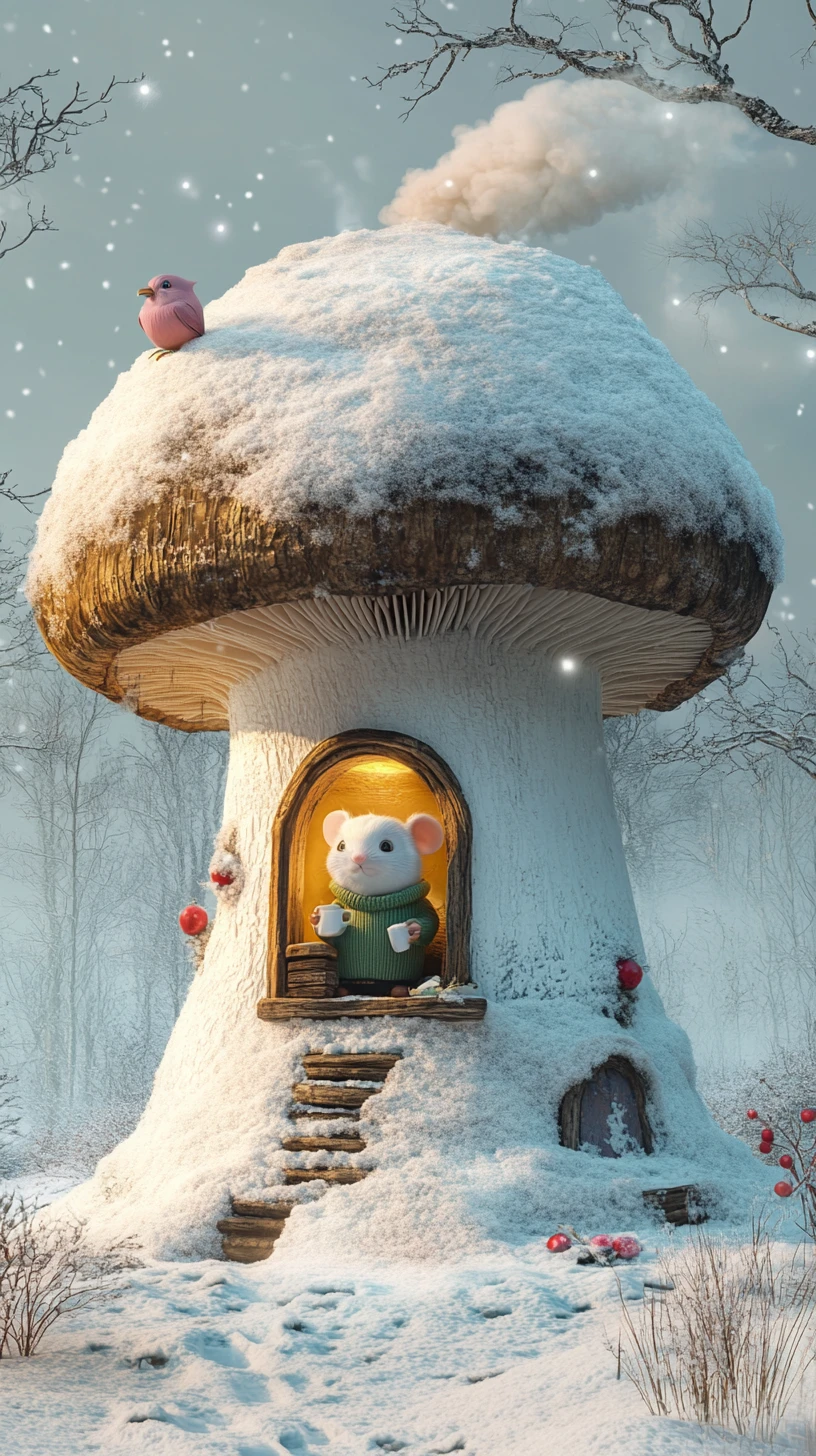 Topolino accogliente in una casa fungo innevata con finestra luminosa