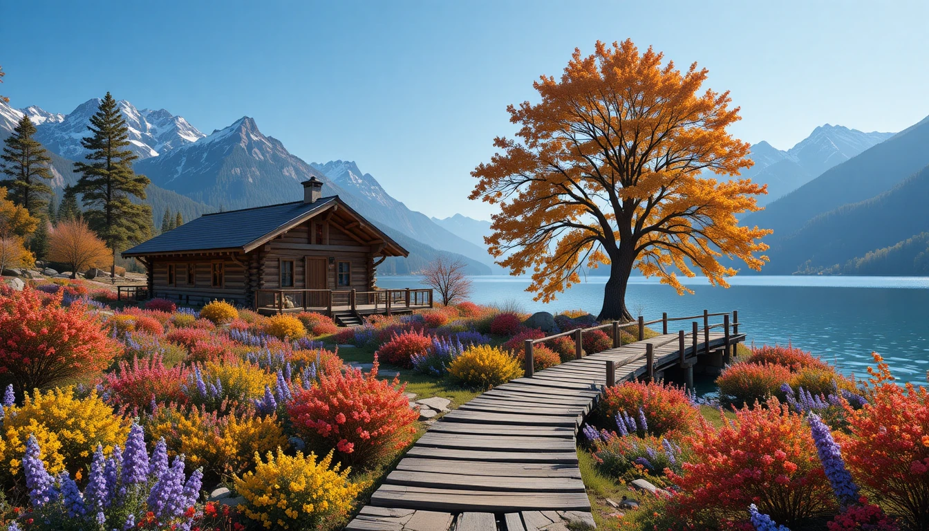 Rustic wooden cabin by a flower filled lakeside