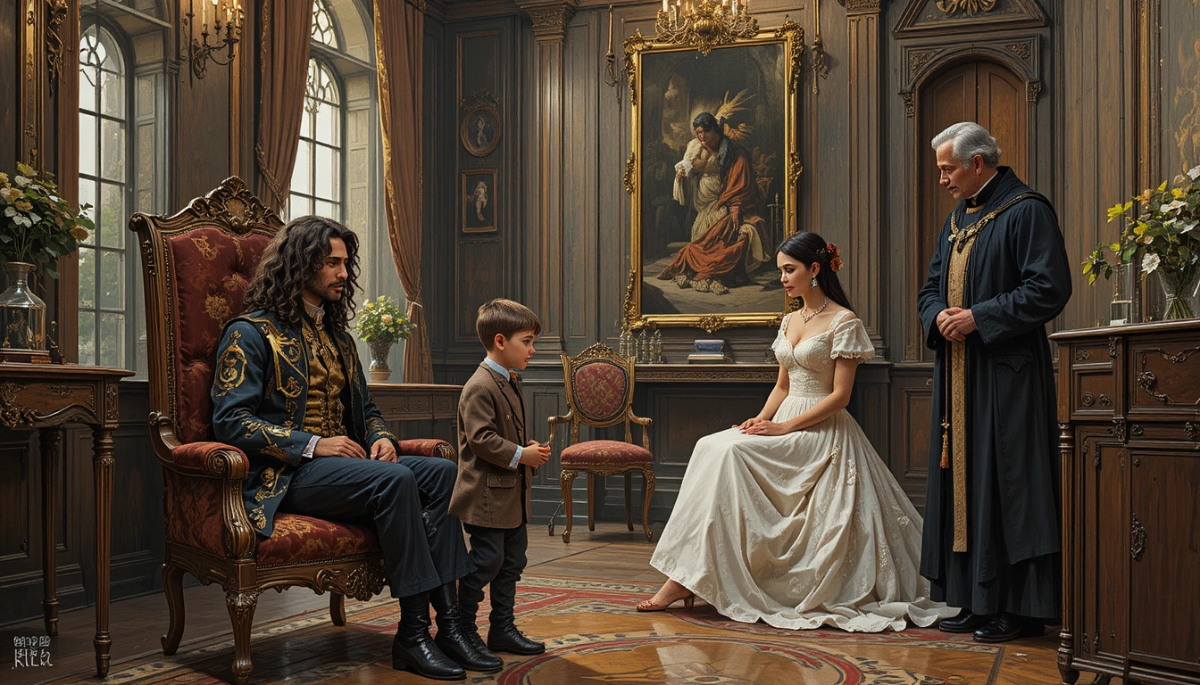 Elegant group gathered in a lavish baroque style room